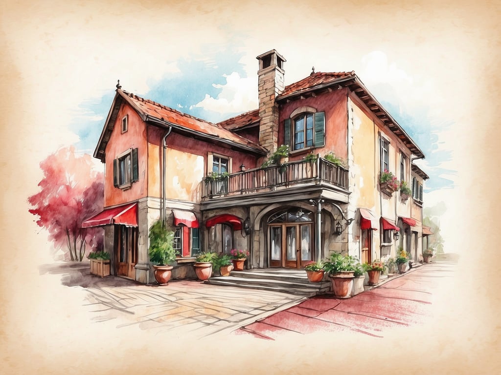 Auf dem Bild ist ein malerisches Haus im schönen Stil zu sehen, das möglicherweise ein Gasthaus oder ein Restaurant darstellt, mit einem einladenden Balkon, Blumentöpfen und roten Markisen. Bad Dürkheim, bekannt für seine Weintradition, hat viele solcher charmanten Einrichtungen, die oft mit regionalen Weinen und kulinarischen Köstlichkeiten aufwarten. Die Stadt hat eine lange Geschichte, die bis in die römische Zeit zurückreicht, und ist heute vor allem für das Wurstmarktfest und die beeindruckenden Weinbaugebiete bekannt. Ein solches Gebäude könnte zentrale Rolle in der gastfreundlichen Atmosphäre der Stadt spielen, wo Touristen und Einheimische zusammenkommen, um die regionale Kultur und Küche zu genießen.