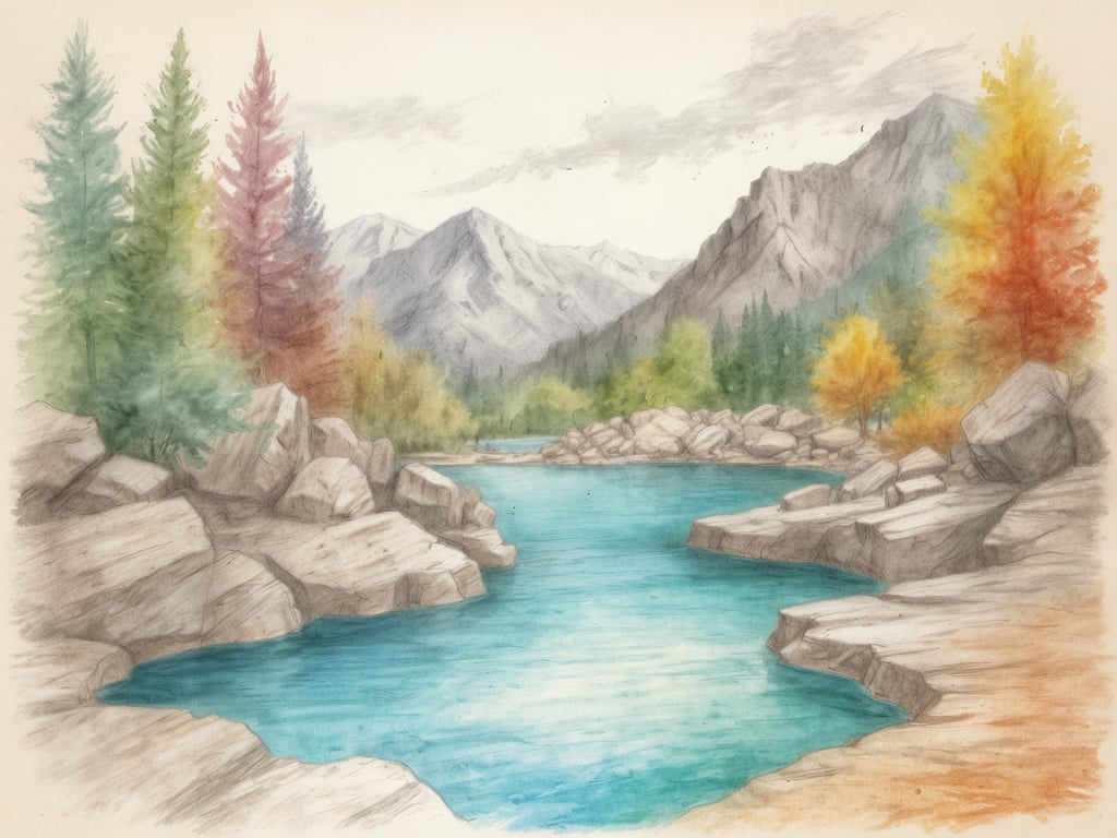 Auf dem Bild ist eine malerische Landschaft mit einem ruhigen Gewässer zu sehen. Umgeben von Bergen und bunten Bäumen, könnte dieser Ort an heilenden Thermalquellen liegen, die oft in der Nähe von Berglandschaften zu finden sind. Das klare Wasser und die natürliche Umgebung vermitteln eine friedliche und entspannende Atmosphäre, ideal für Erholung und Heilung. Die Vielfalt der Baumfarben deutet auf einen saisonalen Wechsel hin, der die Schönheit der Natur verstärkt.