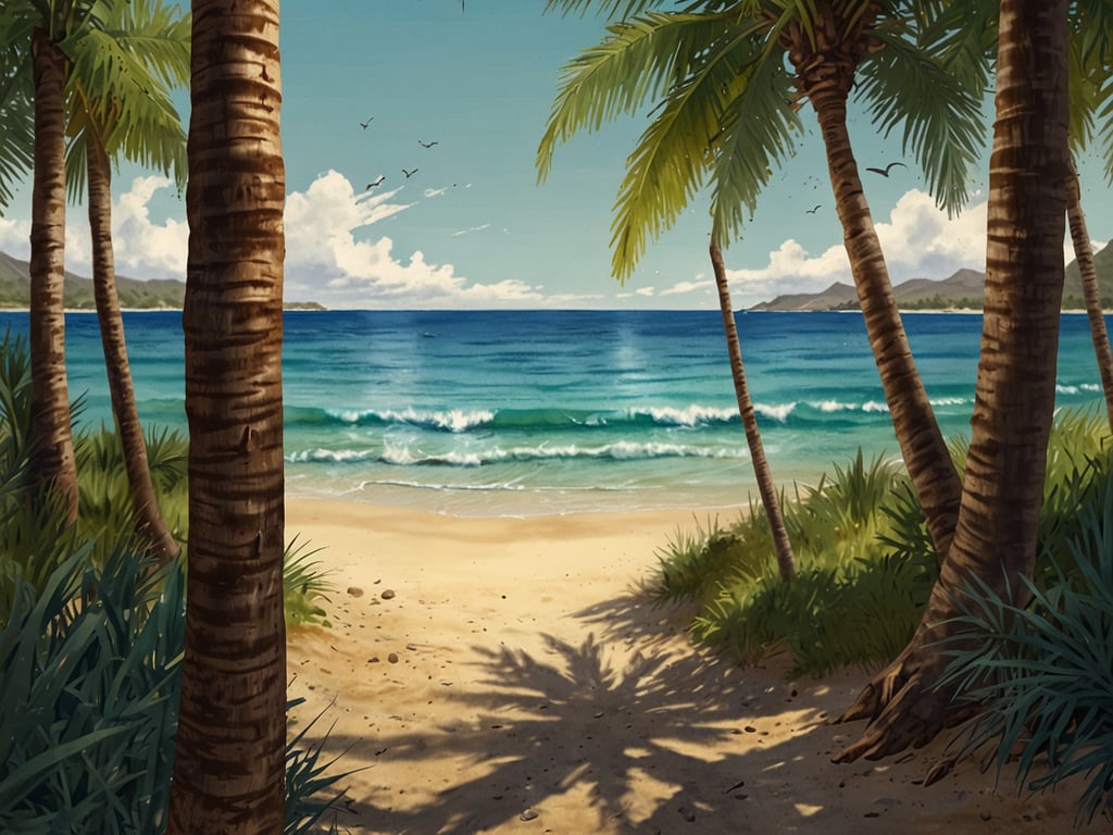 Auf dem Bild ist eine idyllische Strandlandschaft zu sehen, die ein perfektes Ziel für einen Badeurlaub darstellt. Palmen säumen den Weg zum goldenen Sandstrand, während die Wellen sanft ans Ufer plätschern. Der klare, blaue Himmel und das glitzernde Wasser laden dazu ein, sich zu entspannen und das Meer zu genießen.