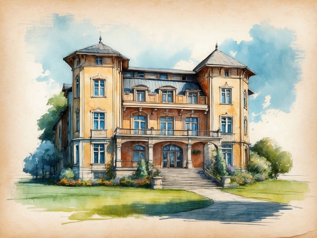 Auf dem Bild ist ein beeindruckendes historisches Gebäude zu sehen, das architektonische Elemente aus verschiedenen Epochen vereint. Die fassadenartige Gestaltung, die symmetrischen Fenster und die elegant gestalteten Vordächer weisen auf den Einfluss von neoklassizistischen und romantischen Baustilen hin, die im 19. Jahrhundert beliebt waren.

Um das Gebäude herum sind gepflegte Gärten und Bäume angedeutet, die eine harmonische Verbindung zwischen Architektur und Landschaft schaffen. Die Geschichte der Gärten und Architektur zeigt, wie wichtig diese Symbiose für die Gestaltung des Außenraums war. Gärten wurden oft so entworfen, dass sie das architektonische Design ergänzen und den Bewohnern einen Rückzugsort im Freien bieten.

Insgesamt vermittelt das Bild den Eindruck von Eleganz und Zeitlosigkeit, während es gleichzeitig die enge Beziehung zwischen Mensch, Natur und gebautem Raum hervorhebt. Solche Gebäude sind häufig historische Landhäuser oder Villen, die in einer Landschaft angelegt sind, die sowohl ästhetisch ansprechend als auch funktional ist.