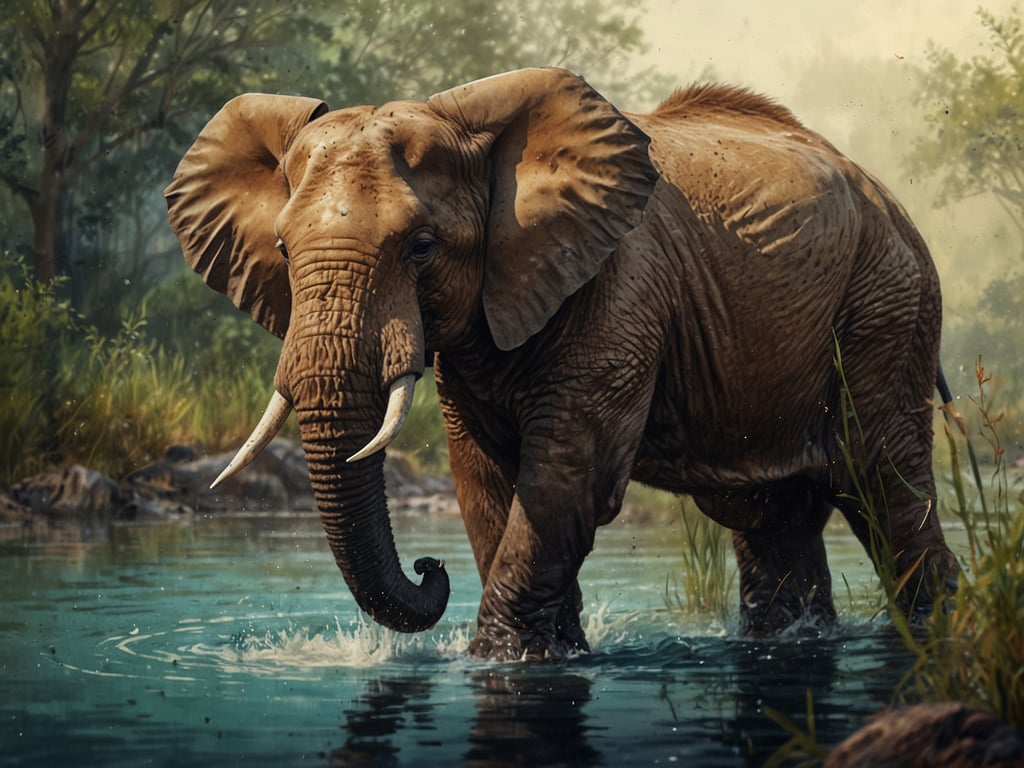 Auf dem Bild ist ein Elefant zu sehen, der im Wasser steht. Um ihn herum sind grüne Pflanzen und Bäume, die auf eine reiche Tierwelt sowohl an Land als auch im Wasser hinweisen. Elefanten sind beeindruckende Landtiere, während das Wasser Lebensraum für viele andere Tiere bieten kann, wie Fische oder Vögel, die hier ebenfalls vorkommen könnten. Die Szenerie vermittelt ein Gefühl von natürlicher Schönheit und Artenvielfalt.