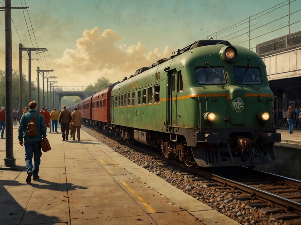 Auf dem Bild ist eine Bahnhofsszene zu sehen. Ein grüner Zug steht an einem Bahnsteig, während sich Passagiere in der Nähe bewegen. Einige Personen gehen in Richtung des Zuges, während andere auf dem Bahnsteig stehen. Die Umgebung wirkt nostalgisch und zeigt typische Merkmale eines Bahnhofs mit Gleisen, Masten und einer strukturierten Kulisse. Die Kritik der Senioren, dass die Bahn ihre Ankunftspläne vernachlässigt, könnte hier bildlich umgesetzt sein, indem man an die Unzulänglichkeiten im Bahnverkehr erinnert, während die Reisenden auf eine bevorstehende Abfahrt warten.