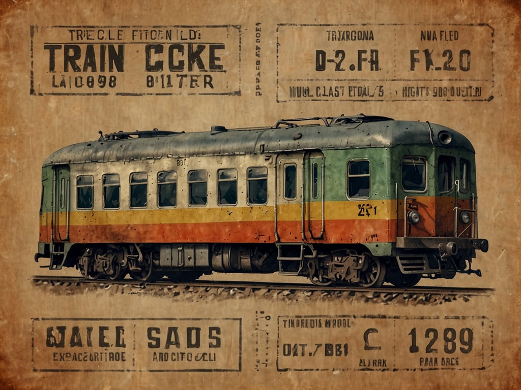 Auf dem Bild ist ein farbig gestalteter Zug zu sehen, der als historische Lokomotive oder Waggon dargestellt ist. Um den Zug herum befinden sich verschiedene Bahnticket-Elemente, die Informationen wie die Zugnummer und weitere Details enthalten. Der Hintergrund hat ein nostalgisches Aussehen, das an alte Bahntickets erinnert.