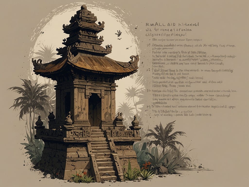 Auf dem Bild ist ein balinesisches Tempelgebäude zu sehen, umgeben von tropischer Vegetation. Die Architektur ist traditionell und zeichnet sich durch kunstvolle Details und ein charakteristisches Dach aus. Neben dem Tempel stehen palmenartige Pflanzen und der gesamte Hintergrund vermittelt eine ruhige, natürliche Atmosphäre. 

**Bali: AI trifft auf Authentische Kultur – Entdecke die Insel neu.** Dieses Bild zeigt die harmonische Verbindung von traditioneller balinesischer Kultur und moderner Interpretation, die die Schönheit der Insel hervorhebt.