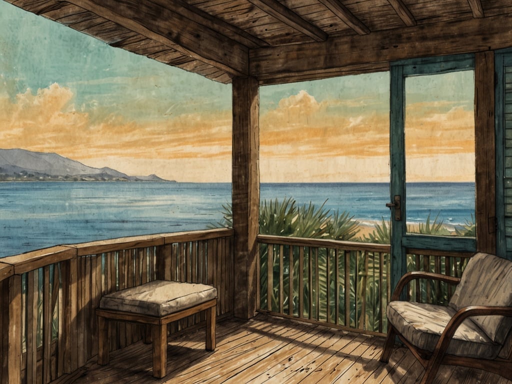 Auf dem Bild ist eine Balkonkabine zu sehen, die einen schönen Blick auf das Meer bietet. Die Kabine hat Holzverkleidungen und einen offenen Zugang, durch den man die Landschaft mit Bergen und dem Wasser im Hintergrund sehen kann. Zudem sind einige Möbelstücke, wie ein Stuhl und eine Bank, vorhanden, die dazu einladen, die Aussicht zu genießen. Der Himmel ist in sanften Farben gehalten, was eine entspannte Atmosphäre schafft.