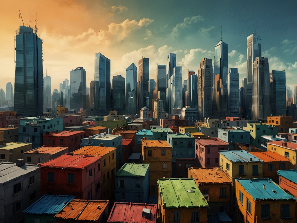 Auf dem Bild ist eine kontrastreiche Stadtlandschaft zu sehen, in der moderne Hochhäuser über bunten Wohngebäuden stehen. 

**Herausforderungen:** Diese Szene kann Herausforderungen wie sozialen Ungleichheiten und Urbanisierung widerspiegeln. Die farbenfrohen unteren Wohnungen stehen möglicherweise für prekäres Wohnen, während die Hochhäuser ein Zeichen für wirtschaftliche Macht und Fortschritt sind. Solche Unterschiede können zu sozialen Spannungen und einem Gefühl der Ausgrenzung führen.

**Chancen:** Gleichzeitig bietet diese Urbanisierung Chancen für wirtschaftliches Wachstum und vielfältige Lebensstile. Die Mischung aus traditionellem und modernem Lebensstil fördert möglicherweise kreative Lösungen und ein dynamisches kulturelles Leben in der Stadt. Die Entwicklung neuer Infrastrukturen kann auch zu Verbesserungen im Lebensstandard der Bewohner führen.