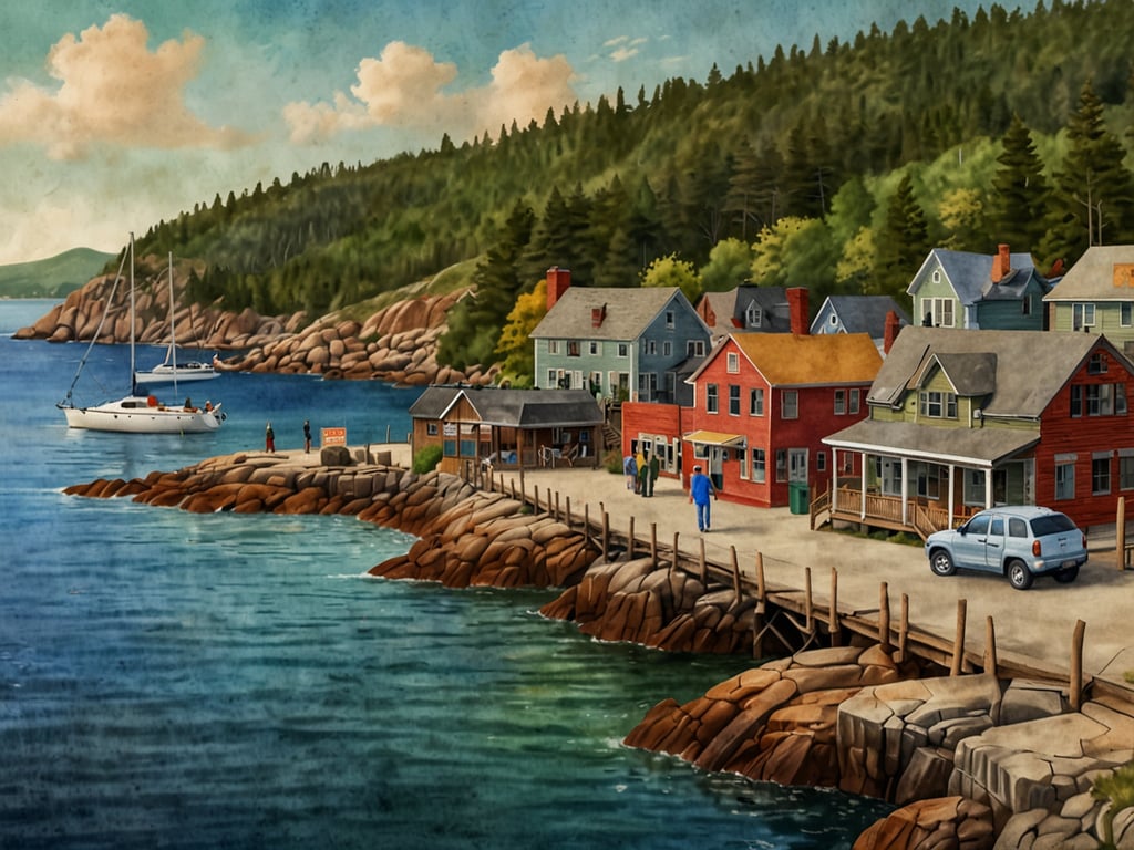 Das Bild zeigt eine malerische Küstenansicht von Bar Harbor, einem beliebten Urlaubsort in Maine, USA. Im Vordergrund sieht man eine Uferpromenade mit steinigen Felsen und sanften Wellen, während kleine Segelboote im Wasser schaukeln. Es gibt ein paar Personen, die am Ufer entlang spazieren, und einige Gebäude, die typisch für die Region sind. Die bunten Häuser, überwiegend in Rot und Grün, verleihen der Szene einen charmanten, einladenden Charakter. Im Hintergrund erhebt sich eine grüne, bewaldete Hügelkette, die die natürliche Schönheit von Bar Harbor unterstreicht.