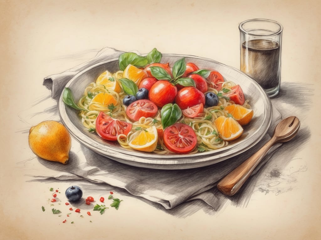 Auf dem Bild ist ein appetitlicher Teller mit Pasta zu sehen, der mit frischen Tomaten, Basilikum, Orangen und Heidelbeeren garniert ist. Dies erinnert an die kulinarischen Genüsse in Baveno und Umgebung, wo frische, regionale Zutaten eine große Rolle spielen. Die Kombination aus Pasta und frischem Gemüse ist typisch für die italienische Küche und spiegelt die Liebe zur saisonalen und qualitativ hochwertigen Nahrung wider. Besonders in dieser Region findet man viele Restaurants, die solche köstlichen Gerichte anbieten, ergänzt durch lokale Weine und andere Spezialitäten. Ein Glas mit einem dunklen Getränk rundet das Bild ab und könnte auf die Auswahl an regionalen Säften oder Weinen hinweisen, die in Baveno genossen werden können.