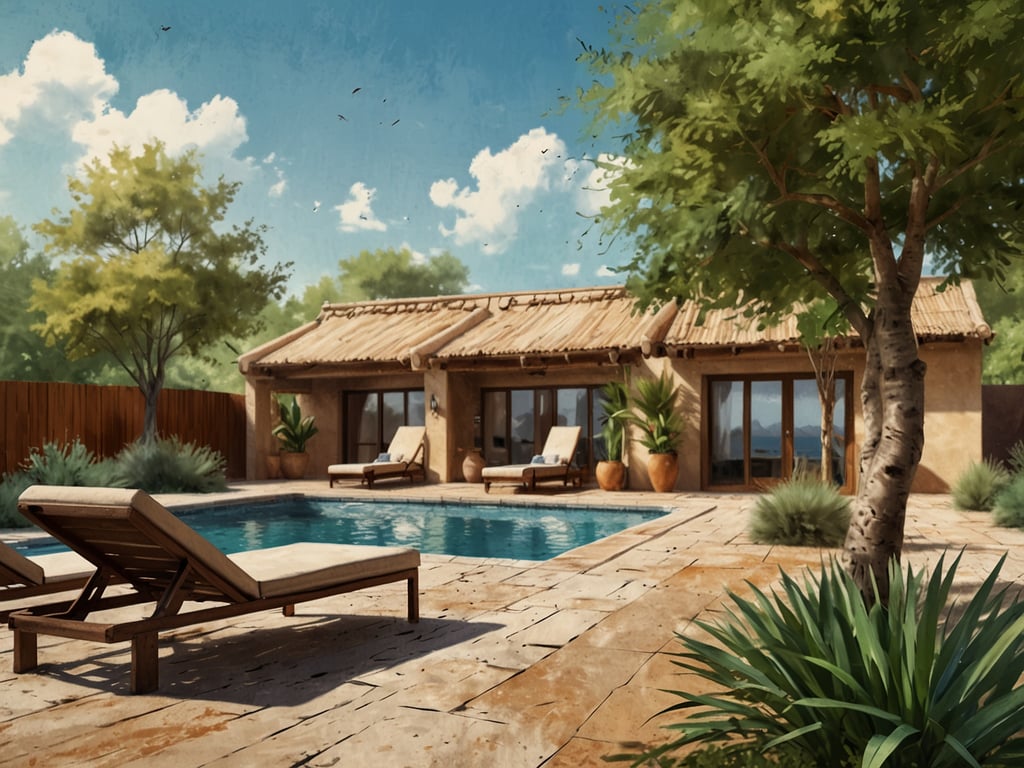 Auf dem Bild ist eine entspannende Szenerie zu sehen, die für eine Beautyfarm typisch sein könnte. Es gibt einen beheizten Pool, umgeben von Sonnenliegen, ideal für Erholung und Wellness. Das Gebäude hat ein rustikales Design mit einem Strohdach und großen Fenstern, die einen Blick auf die Natur bieten. Grüne Pflanzen und Bäume umgeben den Bereich, was eine friedliche Atmosphäre schafft, die perfekt für Entspannung und Selbstpflege ist.