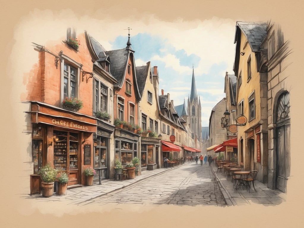 Auf dem Bild ist eine malerische Straße zu sehen, die von charmanten historischen Gebäuden gesäumt ist. Die Häuser haben hübsche Fassaden in warmen Farben, und einige verfügen über kleine Blumentöpfe, die eine einladende Atmosphäre schaffen. Im Hintergrund erhebt sich ein gotischer Kirchturm, der dem Bild eine weitere Dimension verleiht. Auf der Straße sind einige Personen unterwegs, und die sonnige Stimmung lässt den Ort freundlich und lebendig wirken. Dies ist ein wunderbarer Ausdruck von 