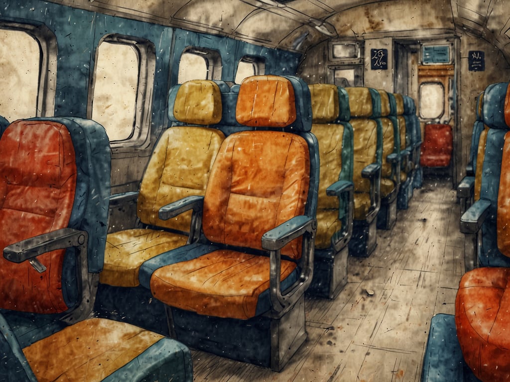 Auf dem Bild ist das Innere eines Waggons zu sehen, der mit mehreren Sitzreihen ausgestattet ist. Die Sitze haben verschiedene Farben, hauptsächlich in Rottönen und Gelb. Es gibt große Fenster, durch die man nach draußen schauen kann. Die Atmo- und Farbgebung wirkt etwas nostalgisch und könnte darauf hindeuten, dass der Wagons schon älter ist. Die Sitzanordnung und die Armlehnen sind gut sichtbar, was auf eine typische Gestaltung im öffentlichen Verkehr hinweist. Es wäre möglich, dass dieser Raum für eine Überbuchung genutzt werden könnte, wobei möglicherweise mehr Passagiere Platz finden müssten, als es tatsächlich Sitzplätze gibt.