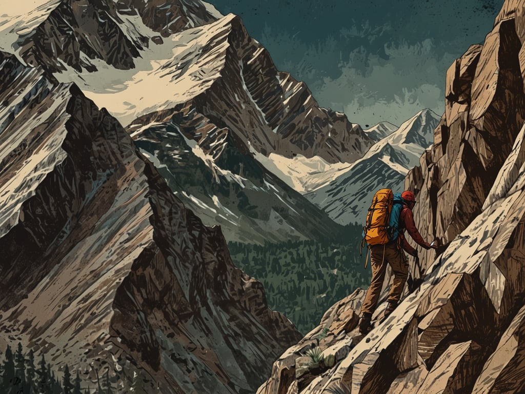 Auf dem Bild ist eine Person zu sehen, die eine steile Felswand beim Bergsteigen erklimmt. Die Umgebung besteht aus majestätischen Berglandschaften mit schneebedeckten Gipfeln und grünen Wäldern im Tal. Die Person trägt einen Rucksack und ist in einer aktiven Kletterpose, was die Herausforderung und den Abenteuergeist des Bergsteigens unterstreicht.