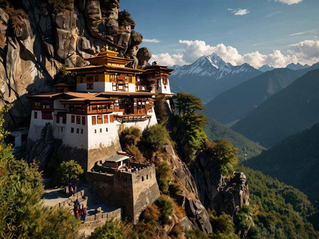 Auf dem Bild ist das beeindruckende Tiger's Nest Kloster in Bhutan zu sehen, das hoch oben an einer Klippe errichtet ist. Hier sind einige praktische Tipps für die Reiseplanung:

1. **Anreise**: Der nächstgelegene internationale Flughafen ist in Paro. Von dort aus können Sie mit einem Taxi oder Bus nach Taktsang (Tiger's Nest) fahren.

2. **Wanderung planen**: Der Aufstieg zum Kloster erfordert eine etwa zweistündige Wanderung. Tragen Sie bequeme Wanderschuhe und bringen Sie genügend Wasser mit.

3. **Tageszeit**: Besuchen Sie das Kloster am frühen Morgen oder später am Nachmittag, um Menschenmengen zu vermeiden und die beste Lichtverhältnisse für Fotos zu genießen.

4. **Kultur respektieren**: Da es sich um ein religiöses Gebiet handelt, sollten Sie respektvolle Kleidung tragen und die lokalen Bräuche beachten.

5. **Gesundheit**: Achten Sie auf Höhenkrankheit, wenn Sie aus tiefer gelegenen Regionen anreisen. Nehmen Sie sich Zeit zur Akklimatisierung.

6. **Eintritt**: Informieren Sie sich über die Eintrittspreise und Abgabetermine, um böse Überraschungen zu vermeiden.

Dieser Ort bietet nicht nur atemberaubende Ausblicke, sondern auch eine tiefgehende spirituelle Erfahrung.