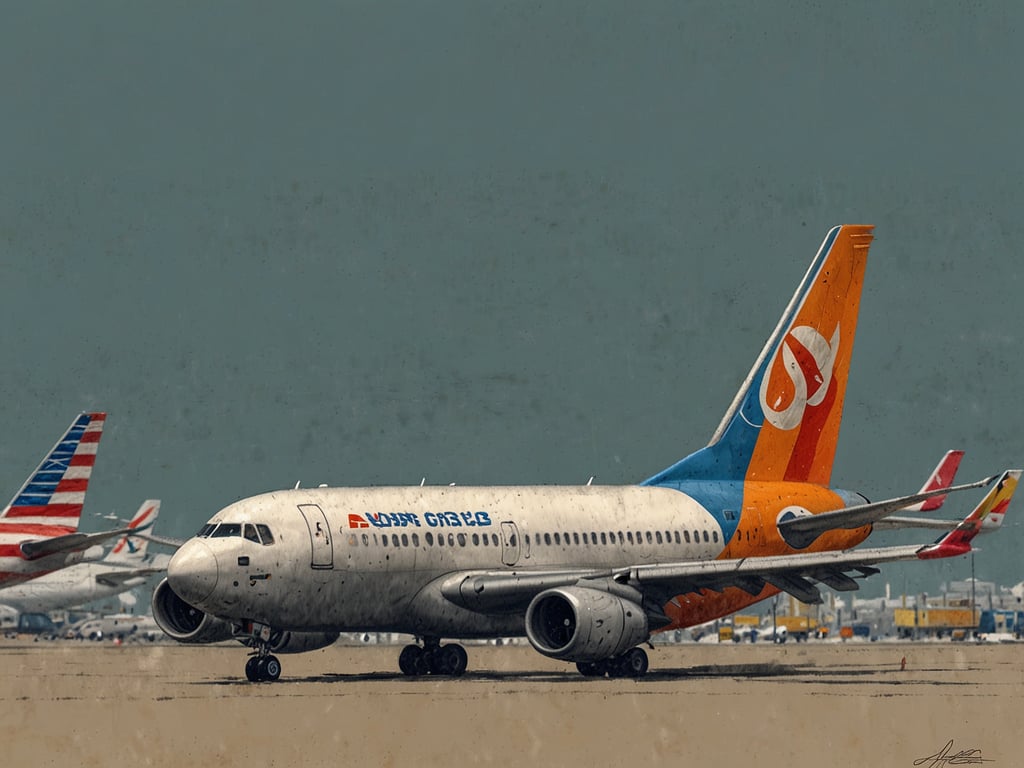 Auf dem Bild ist ein Flugzeug zu sehen, das auf einem Flughafen steht. Es scheint eine Billigairline zu repräsentieren, da das Design des Flugzeugs sowie die Farben typischerweise mit solchen Fluggesellschaften assoziiert werden. Im Hintergrund sind weitere Flugzeuge und Flughafeninfrastruktur sichtbar. Billigairlines sind bekannt für ihre kostengünstigen Tarife und einfachen Dienstleistungen.