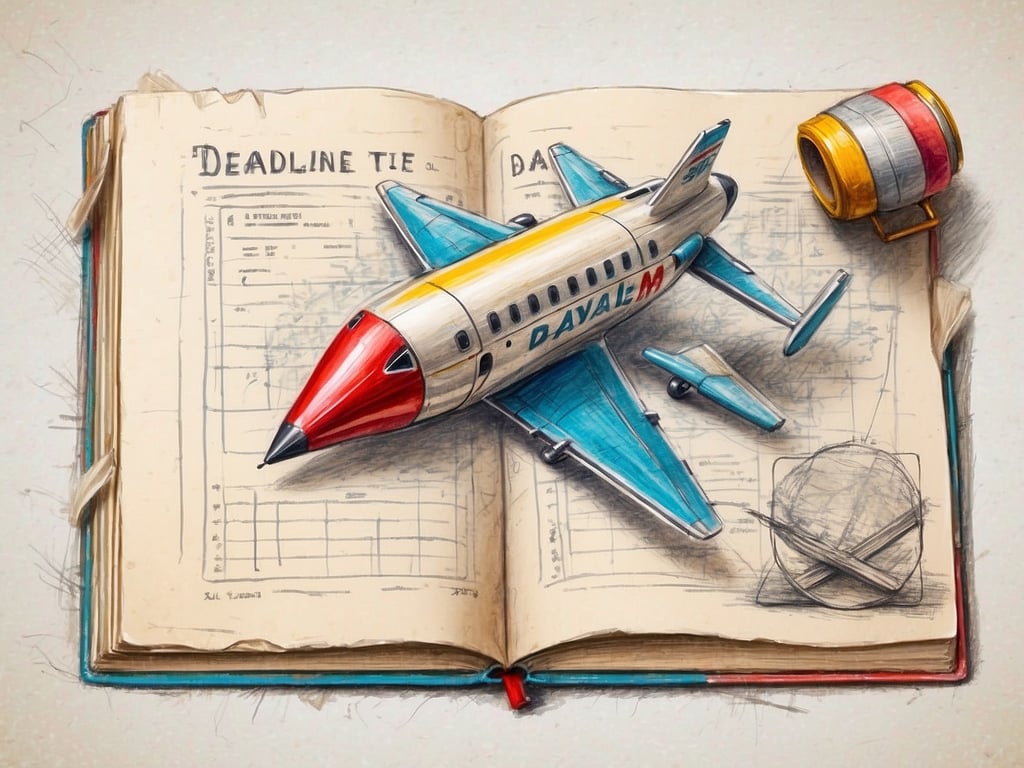 Auf dem Bild ist ein offenes Buch zu sehen, in dem ein Modellflugzeug und einige skizzenhafte Zeichnungen abgebildet sind. Das Flugzeug hat bunte Farben und liegt auf den Seiten des Buches, das mit 