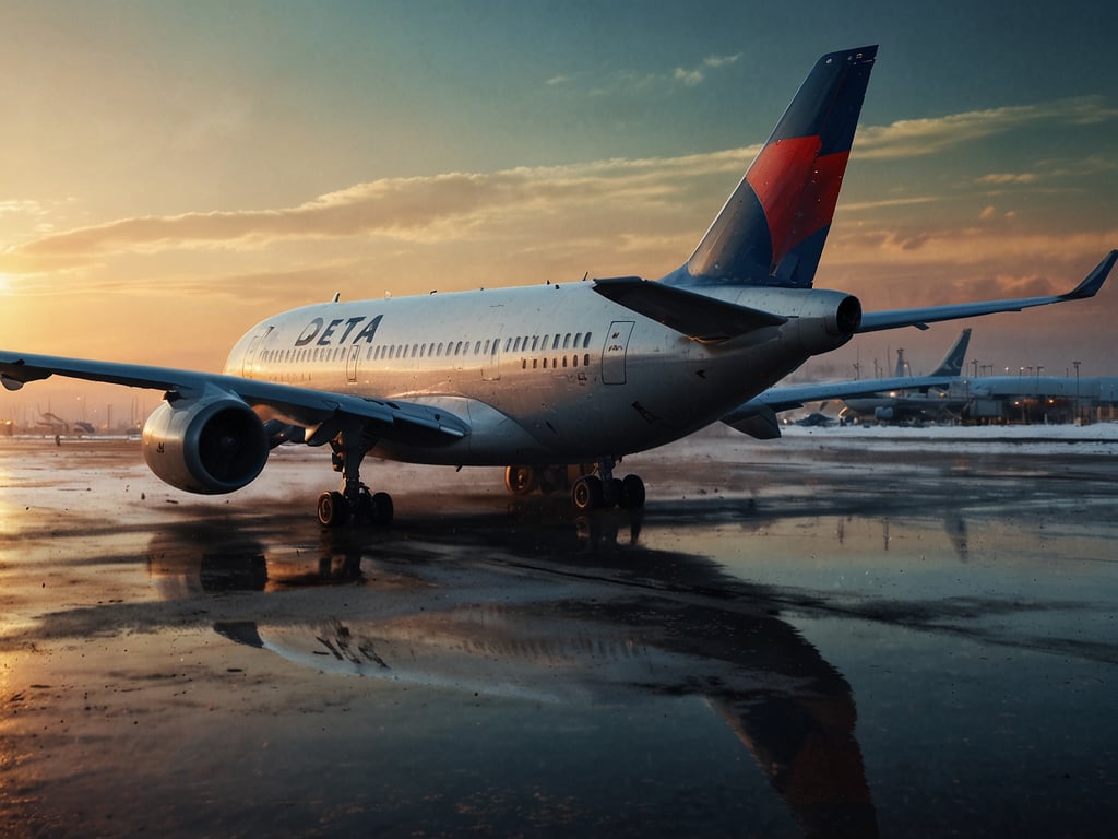 Auf dem Bild ist ein Flugzeug der Delta Airlines zu sehen, das auf einem Flugfeld steht. Im Hintergrund ist eine Stimmung mit Sonnenuntergang zu erkennen, und die Umgebung scheint nass zu sein, was auf einen regenreichen Tag hindeutet. 

In Bezug auf **Black Friday 2024: Die besten Flugdeals für deine Winterreise** könnte dieses Bild inspirierende Gedanken wecken, da viele Reisende an diesem Tag nach den besten Flugangeboten für ihre Winterurlaube suchen. Die Sicht auf ein Flugzeug könnte Vorfreude auf anstehende Reisen wecken und die Möglichkeiten, die der Black Friday bietet, verdeutlichen.