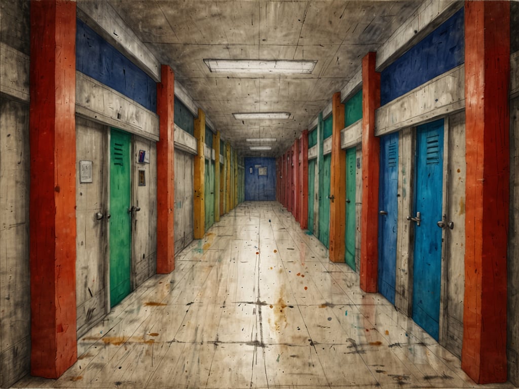 Auf dem Bild ist ein Gang mit mehreren Türen zu sehen, die in verschiedenen Farben gestrichen sind. Die Wände und der Boden scheinen aus Beton zu sein, und es gibt kontinuierliches Licht von Deckenlampen. Die Anordnung der Türen und die farbigen Wände verleihen dem Raum ein lebhaftes, aber industrielles Aussehen.