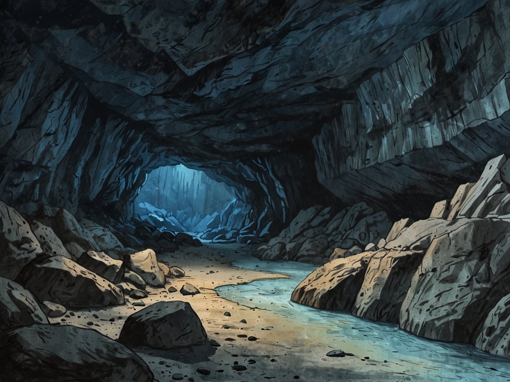 Die Blue Creek Cave ist ein mysteriöser Ort, der mit der Überraschung und den Geheimnissen der Natur gefüllt ist. Auf dem Bild ist eine Höhle zu sehen, die von großen Felsen und einem schmalen Wasserlauf geprägt ist. Das Licht dringt durch eine Öffnung in der Höhlendecke und schafft eine geheimnisvolle Atmosphäre. Die Wände der Höhle wirken rau und unregelmäßig, während der Boden mit Kies und Sand bedeckt ist. Dieses Szenario könnte ein Ausgangspunkt für Abenteuer, Erkundungen oder sogar mystische Erzählungen in der Umgebung der Blue Creek Cave sein.