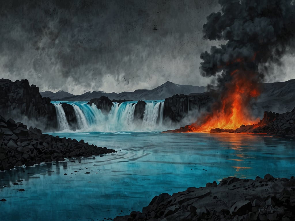 Auf dem Bild ist eine dramatische Szene zu sehen, die Lava und eine Wasserfalllandschaft zeigt. Vulkanausbrüche sind im Vordergrund zu erkennen, während dichter Rauch aufsteigt. Diese Darstellung könnte symbolisch für die Bedrohung der Blue Lagoon in Island stehen, die durch vulkanische Aktivitäten gefährdet ist. Die Kombination aus feurigen Lava und den beruhigenden blauen Wässern zeigt die faszinierenden, aber auch gefährlichen Naturkräfte, die Islands Top-Sehenswürdigkeit beeinflussen können.