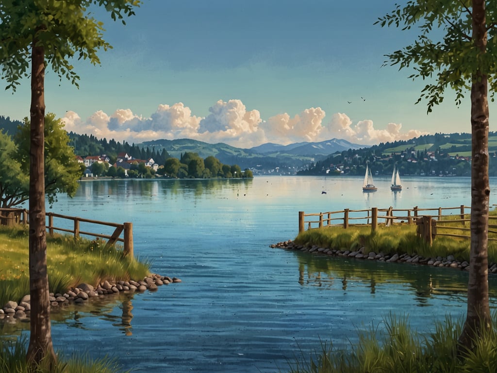 Auf dem Bild ist eine idyllische Landschaft am Bodensee zu sehen. Das Wasser spiegelt die umliegenden Bäume und die sanften Hügel wider. Einige Segelboote sind auf dem See unterwegs, und die Wolken am Himmel verleihen der Szene eine friedliche Atmosphäre. Diese wunderschöne Kulisse könnte perfekt für Bodensee 2025 sein: Ein Jahr voller Musik, Kunst und Festivals, das die natürliche Schönheit der Region in den Vordergrund rückt und zahlreiche kulturelle Veranstaltungen anzieht.