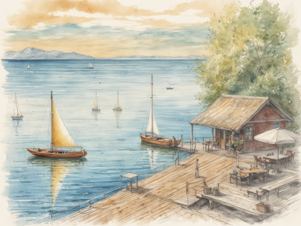 Auf dem Bild ist eine idyllische Szenerie am Bodensee zu sehen, die Wasserspaß verkörpert. Im Vordergrund gibt es einen Holzsteg, der zu einem kleinen, roten Haus führt. Auf dem Steg sind Tische und Stühle aufgestellt, ideal für eine entspannte Zeit am Wasser. 

Im Hintergrund segeln mehrere Boote auf dem ruhigen Wasser des Sees, ihre Segel wehen sanft im Wind. Die Landschaft ist von sanften Hügeln und einem klaren Himmel umgeben, was die perfekte Kulisse für Aktivitäten wie Segeln, Schwimmen oder einfach das Genießen der Natur darstellt. Das Bild vermittelt eine friedliche und einladende Atmosphäre, die typisch für einen Tag am Bodensee ist.