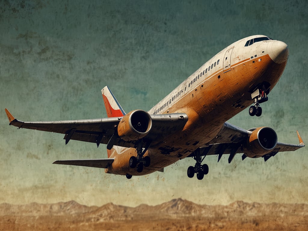 Auf dem Bild ist ein Flugzeug der Marke Boeing zu sehen, das im Anflug ist. Es hat eine auffällige Farbgestaltung und hebt gerade ab oder landet vor einer bergigen Kulisse. Die Detailzeichnung vermittelt einen vintagehaften Look.