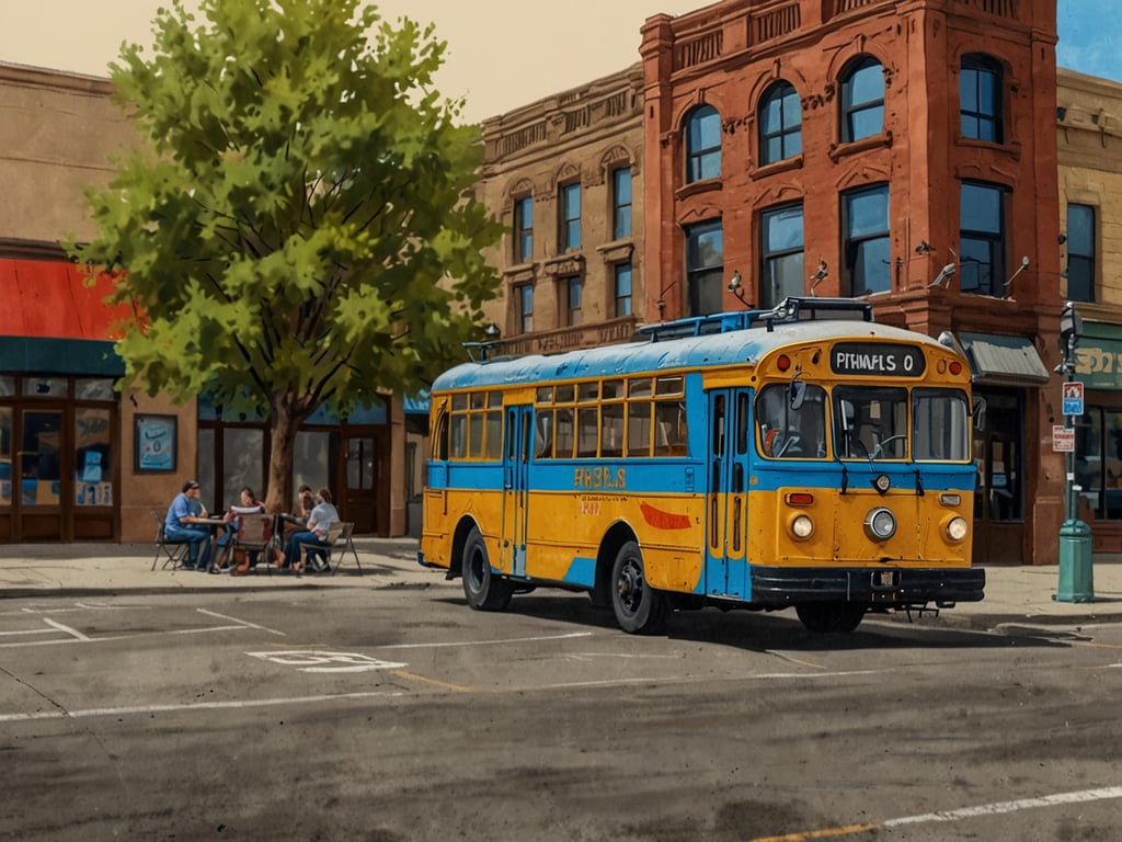 Auf dem Bild ist eine lebendige Straßenszene in Boise zu sehen. Ein farbenfroher, gelber und blauer Oldtimer-Bus fährt durch die Straße. Auf der linken Seite sitzen mehrere Personen an Tischen und genießen die Zeit im Freien, während ein großer Baum Schatten spendet. Im Hintergrund erkennt man historische Gebäude, die zur charmanten Atmosphäre der Stadt beitragen. Diese Darstellung vermittelt das gemütliche und einladende Stadtleben in Boise.