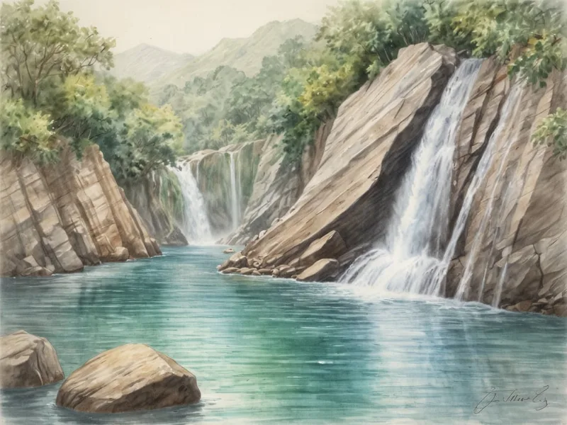 Illustration: Türkisfarbener Fluss mit Felsen und Stromschnellen, umgeben von Nadelwäldern und schneebedecktem Berg im Hintergrund