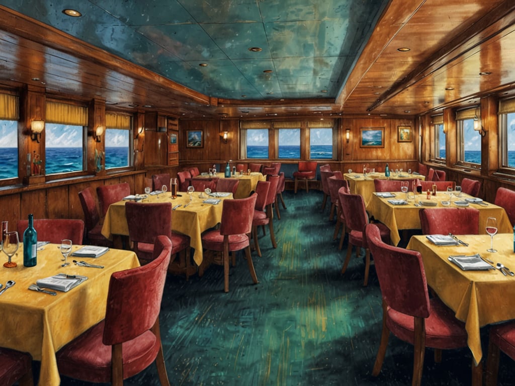 Auf dem Bild ist ein elegantes Restaurant auf einem Schiff zu sehen. Der Raum ist mit gemütlichen rot gepolsterten Stühlen und Tischen in Gelb dekoriert. Die Wände sind aus Holz, und es gibt große Fenster, durch die man das Meer erblicken kann. Die Tische sind liebevoll gedeckt mit Besteck, Gläsern, und einigen Flaschen Wein. Diese Umgebung könnte für Bordveranstaltungen wie ein gemeinsames Abendessen, ein Festbankett oder eine Feier genutzt werden. Die maritime Atmosphäre lässt darauf schließen, dass die Gäste das Essen mit Blick auf die Wellen und den Ozean genießen können.