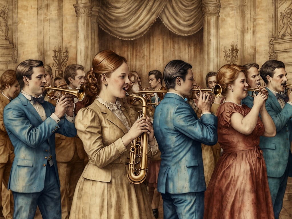 Auf dem Bild sind Musiker zu sehen, die verschiedene Blasinstrumente, vorwiegend Trompeten, spielen. Diese Szene strahlt eine Atmosphäre von Feierlichkeit und musikalischer Freude aus. Im Kontext von **Brass Wiesn 2025** symbolisiert es Blasmusik, Party und die typisch bayerische Gemütlichkeit, die mit festlichen Anlässen und geselligen Zusammenkünften verbunden ist.