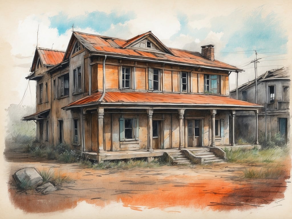 Auf dem Bild ist ein verlassenes Haus zu sehen, das durch die Farben und den Zeichnungsstil eine nostalgische Atmosphäre ausstrahlt. Es hat einen beschädigten, aber charmanten Charakter, mit einem roten Dach und verblassten Holzwänden. Um das Gebäude herum wächst viel Wildnis, was darauf hindeutet, dass es lange Zeit unbewohnt ist. 

Dieses Haus könnte Teil einer 