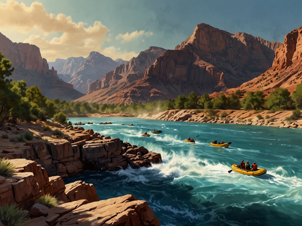 Auf dem Bild sind mehrere Kajaks zu sehen, die auf einem klaren, blauen Fluss fahren, umgeben von beeindruckenden Felsen und Bergen. Die Landschaft ist majestätisch und vermittelt ein Gefühl von Abenteuer und Natur. 

Wenn du an einem ähnlichen Abenteuer interessiert bist, buche jetzt: **Grand Canyon Rafting 2026 - Die ultimative Abenteuerreise.**