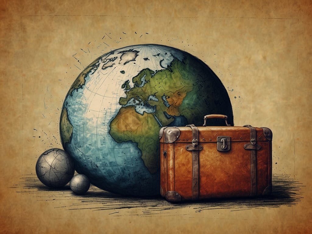Auf dem Bild ist eine illustrierte Weltkugel zu sehen, die teilweise detailliert gestaltet ist. Daneben steht ein alter Koffer, der für Reisen und Abenteuer steht. Im Hintergrund befinden sich zwei kleine, runde Objekte, die das Bild ergänzen. Die gesamte Komposition vermittelt eine Reisestimmung und Lust auf Entdeckungen.