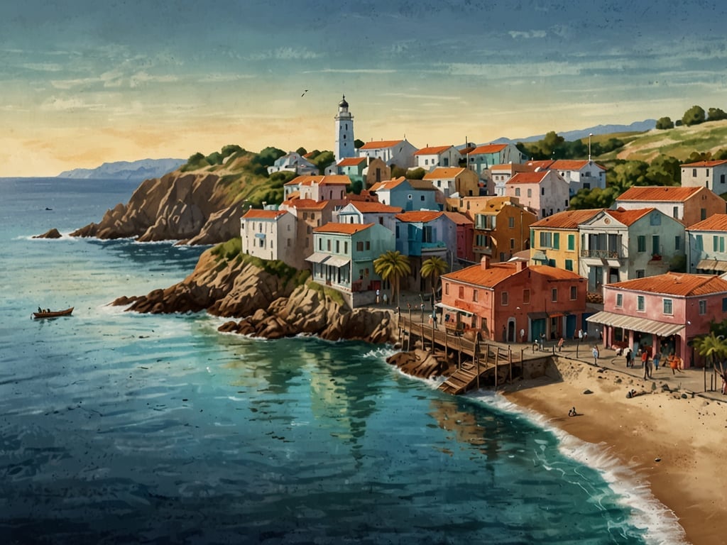 Auf dem Bild ist eine malerische Küstenstadt zu sehen, die von sanften Hügeln und dem Meer umgeben ist. Die Häuser sind bunt und liegen direkt am Wasser, was an charmante mediterrane Dörfer erinnert. 

Entlang der Küste könnte man viele Sehenswürdigkeiten entdecken, wie zum Beispiel:

1. **Fischerhäfen**: Wo traditionelle Boote vertäut sind und frischer Fisch verkauft wird.
2. **Leuchtturm**: Oft ein Wahrzeichen an der Küste, der dazu dient, Schiffe sicher in den Hafen zu leiten.
3. **Strände**: Herrliche Sandstrände, die zum Schwimmen und Entspannen einladen.
4. **Uferpromenaden**: Schöne Wege, die zum Spazierengehen und Genießen der Aussicht einladen.

Die Umgebung könnte auch Weinbergen, Olivenhainen und kleinen Cafés umfassen, die lokale Spezialitäten anbieten. Solche Orte sind ideal für romantische Ausflüge oder kulturelle Entdeckungsreisen.