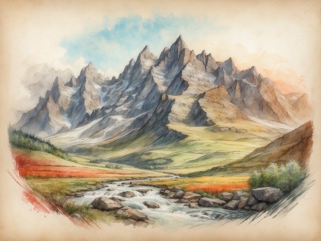 Auf dem Bild ist eine reizvolle Berglandschaft mit hohen Gipfeln und einem fließenden Bach zu sehen, umgeben von Wiesen und angedeuteten Blumenfeldern. 

In Deutschland gibt es 16 Bundesländer, von denen einige Berge und alpine Landschaften wie die im Bild darstellen könnten, insbesondere Bayern und Baden-Württemberg.
