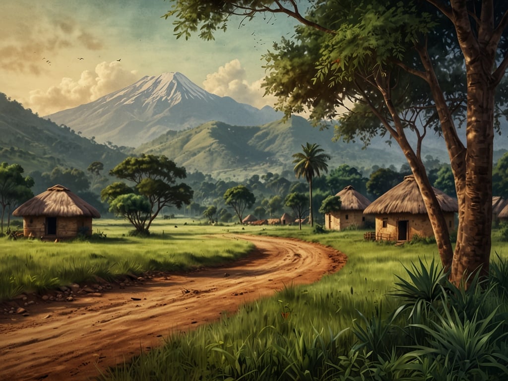 Auf dem Bild ist eine idyllische Landschaft zu sehen, die an die ländlichen Gebiete in Burundi erinnert. Im Vordergrund verläuft ein schmaler, staubiger Weg, gesäumt von hohem Gras und Sträuchern. Auf der linken Seite stehen einige traditionelle strohgedeckte Hütten, die aus lokalen Materialien gebaut sind. Im Hintergrund erhebt sich ein majestätischer Berg, der von sanften Hügeln und einer üppigen, grünen Vegetation umgeben ist. Der Himmel hat eine sanfte Farbpalette mit wenigen Wolken, was eine friedliche und harmonische Atmosphäre schafft. Diese Darstellung spiegelt die natürliche Schönheit und die ländliche Lebensweise in Burundi wider.