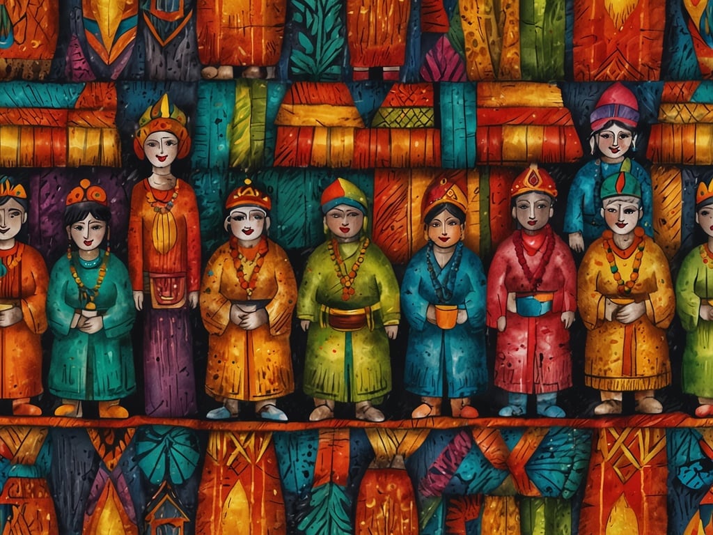 Auf dem Bild sind mehrere bunte Figuren abgebildet, die traditionell gekleidete Menschen darstellen. Diese Figuren repräsentieren wahrscheinlich verschiedene Kulturen, wobei die Kleidung auf spezifische ethnische Traditionen hinweisen könnte. 

Die lebendigen Farben und die Designs könnten für Feste oder kulturelle Ereignisse stehen, bei denen solche traditionellen Kleider getragen werden. In vielen Kulturen sind spezielle Kleidungsstücke mit Symbolen der Identität, des Stolzes und der Gemeinschaft verbunden. Diese Darstellungen könnten auch die Vielfalt und den Reichtum der kulturellen Traditionen feiern, die in verschiedenen Regionen der Welt existieren.