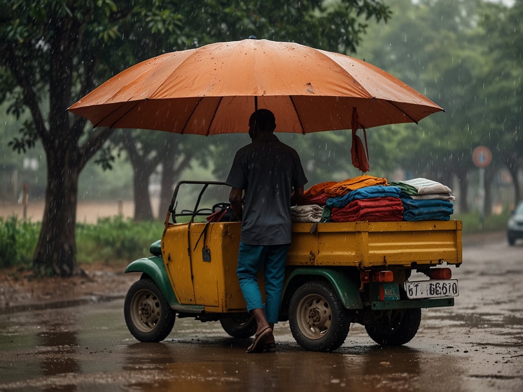 Auf dem Bild sieht man eine Person, die unter einem großen orangefarbenen Regenschirm steht und Kleider auf einem gelben Dreirad verkauft, während es regnet. Dieses Szenario könnte in einer Stadt in Burundi stattgefunden haben.

Hier sind einige Reisetipps für Burundi:

1. **Wetter beachten**: Burundi hat eine Regenzeit, die von Oktober bis Mai dauert. Packen Sie wasserfeste Kleidung und Regenschirme ein.

2. **Kulturelle Veranstaltungen**: Besuchen Sie lokale Feste und Märkte, um die burundische Kultur und Traditionen hautnah zu erleben.

3. **Natur erleben**: Nutzen Sie die Gelegenheit, den Teich Tanganjika und die vielen Nationalparks zu erkunden. Tierbeobachtungen sind ein Highlight.

4. **Verkehrsmittel**: Nutzen Sie lokale Transportmittel wie die Dreiräder, die oft als Taxis fungieren. Diese sind in vielen Städten verbreitet.

5. **Sprache**: Lernen Sie ein paar Worte Kirundi oder Französisch, um mit den Einheimischen zu kommunizieren. Das wird geschätzt und kann Ihre Reise bereichern. 

Viel Spaß bei Ihrer Reise nach Burundi!