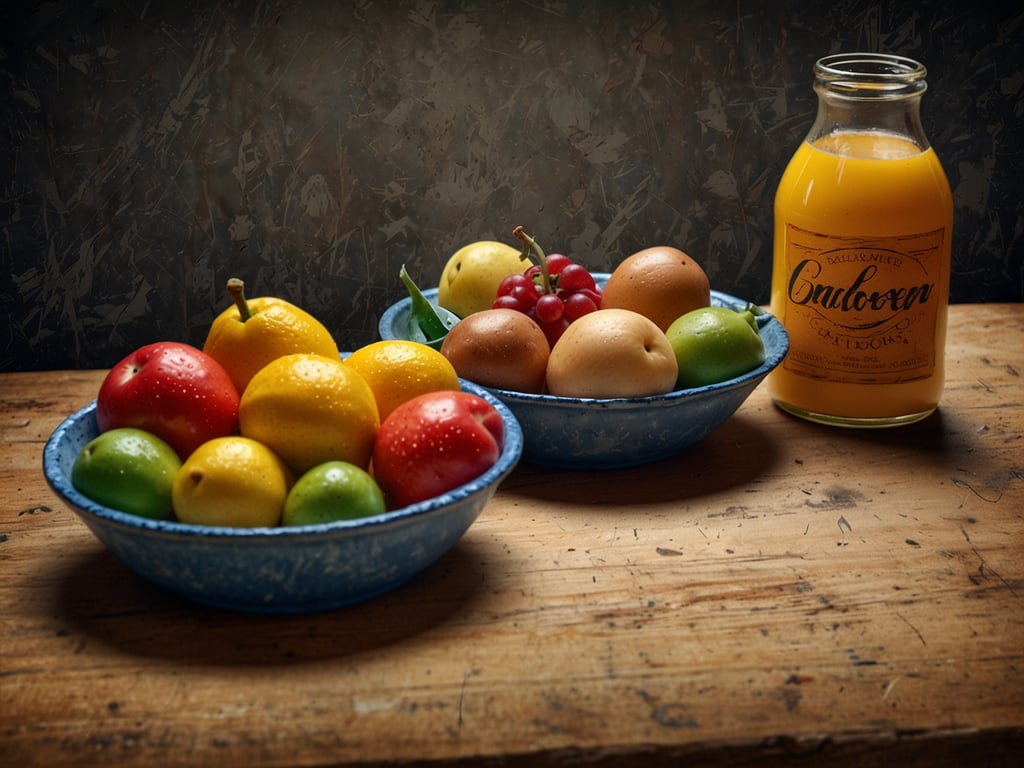 Auf dem Bild sind frische Früchte in Schalen und eine Flasche Saft zu sehen. Die Früchte sind bunt und vielfältig, inklusive Äpfel, Zitronen, Birnen und Trauben. Neben den Früchten steht eine Flasche, die anscheinend frisch gepressten Saft enthält. Diese Anordnung lädt dazu ein, die lokale Kulinarik zu entdecken, da sie die Vielfalt und Frische der regionalen Produkte widerspiegelt. Solche Früchte und Säfte sind oft Teil von traditionellen Gerichten oder Snacks, die die Kultur und den Geschmack der Region repräsentieren.