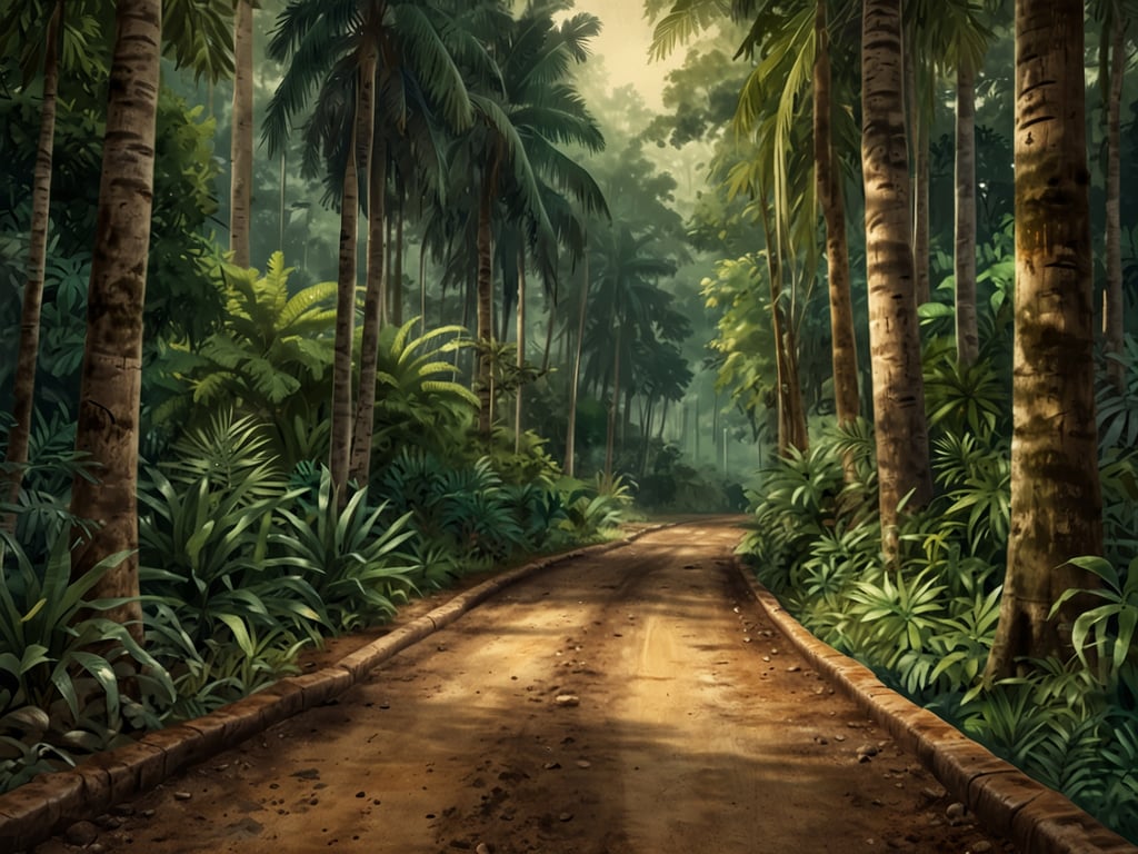 Auf dem Bild ist ein Weg zu sehen, der durch dichte, tropische Vegetation führt, umgeben von hohen Palmen und üppigem Grün. Diese Szenerie erinnert an den Camino de Cruces, einen alten Handelsweg in Panama, der die Atlantik- und Pazifikküste verbindet. 

Der Pfad ist von Natur umgeben und versinnbildlicht die Herausforderungen und die Schönheit, die Pilger und Händler auf ihrem Weg erlebt haben. Historisch gesehen war der Camino de Cruces auch ein wichtiger Zugang für den Goldhandel und veranschaulicht die kulturellen und wirtschaftlichen Verbindungen zwischen verschiedenen Regionen. Der Weg zeigt die Verbindung zur Natur und die historischen Pfade, die Menschen seit Jahrhunderten nutzen.
