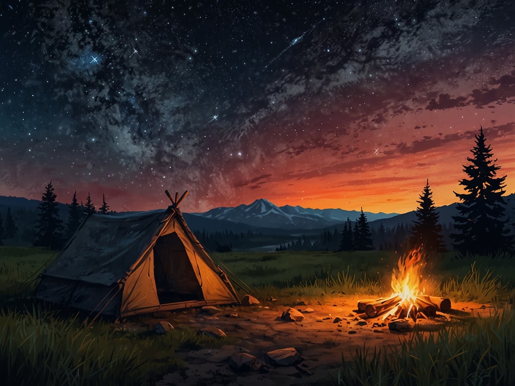 Auf dem Bild ist eine malerische Camping-Szene zu sehen. Ein Zelt steht auf einer Wiese, umgeben von Bäumen, und es brennt ein Lagerfeuer in der Nähe. Der Himmel ist atemberaubend, mit leuchtenden Sternen und einer wunderschönen Farbpalette bei Sonnenuntergang. Diese Szenerie vermittelt eine friedliche und entspannende Atmosphäre für Campingliebhaber.