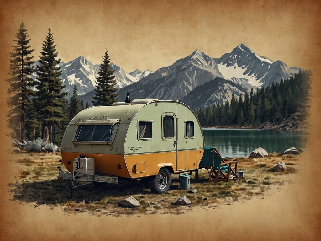 Auf dem Bild ist ein klassischer Wohnwagen in einer malerischen, natürlichen Umgebung zu sehen. Der Wohnwagen ist in grünen und orangefarbenen Farbtönen gehalten und steht am Ufer eines ruhigen Sees, umgeben von hohen Bäumen und majestätischen Bergen im Hintergrund. Vor dem Wohnwagen sind zwei Campingstühle aufgestellt, was einen einladenden Platz zum Entspannen in der Natur bietet. Diese Szene vermittelt eine entspannte Campingatmosphäre, ideal für Outdoor-Enthusiasten, die die Natur genießen möchten.