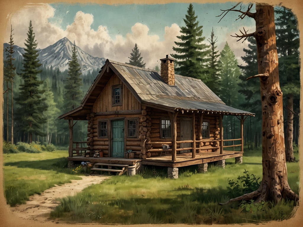 Auf dem Bild ist eine rustikale Campinghütte zu sehen, die aus Holz gebaut ist. Sie steht in einer grünen, waldreichen Umgebung mit hohen Bäumen und Bergen im Hintergrund. Die Hütte hat ein Satteldach und eine kleine Veranda, die den Zugang erleichtert. Der Weg führt direkt zur Hütte, die eine gemütliche Atmosphäre ausstrahlt.