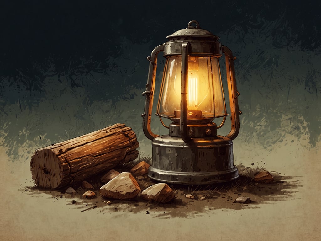 Auf dem Bild ist eine Campinglampe zu sehen, die leuchtet. Sie steht auf dem Boden, umgeben von einigen Steinen und einem Baumstamm. Der Hintergrund ist dunkler, was die Lampe besonders zur Geltung bringt.