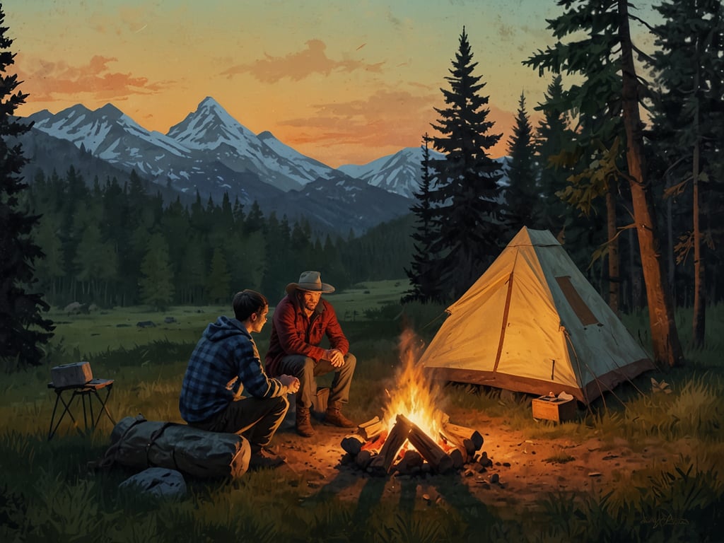 Auf dem Bild sind zwei Campingnachbarn zu sehen, die am Lagerfeuer sitzen. Sie scheinen sich zu unterhalten und die Atmosphäre der Natur zu genießen. Im Hintergrund sieht man ein Zelt und majestätische Berge, während der Sonnenuntergang eine warme Lichtstimmung erzeugt. Um die beiden herum sind Bäume und eine grüne Wiese, die zur Campingumgebung beitragen.