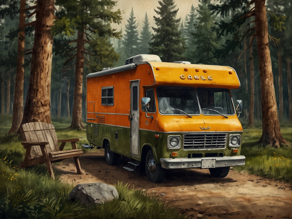 Auf dem Bild ist ein Wohnmobil zu sehen, das in einer Waldlandschaft geparkt ist. Neben dem Wohnmobil steht ein Holzstuhl, der für entspannte Momente im Freien gedacht ist. Die Szene vermittelt eine gemütliche Campingatmosphäre. 

Campingplatzgebühren können variieren, liegen aber oft zwischen 10 und 30 Euro pro Nacht für eine Stellfläche für ein Wohnmobil. Zusätzlich können Gebühren für Stromanschlüsse oder weitere Einrichtungen anfallen.