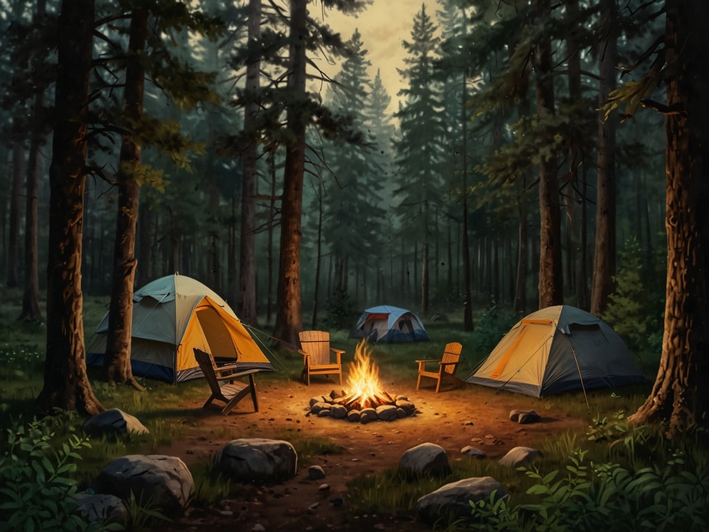 Auf dem Bild ist eine idyllische Camping-Szene im Wald zu sehen. Es gibt mehrere Zelte und einen gemütlichen Lagerfeuerplatz mit Sitzgelegenheiten. Die Umgebung ist von Bäumen umgeben, was eine ruhige und naturliebende Atmosphäre schafft.

**Campingregeln:**

1. **Feuer sicher halten:** Stelle sicher, dass das Lagerfeuer in einer sicheren Entfernung zu den Zelten ist und dass du das Feuer nur in einem vorgesehenen Bereich machst.
   
2. **Müll entsorgen:** Hinterlasse den Campingplatz sauber, indem du deinen Müll mitnimmst und keine Spuren hinterlässt.

3. **Respektiere die Natur:** Störe die Flora und Fauna nicht und halte dich an die Wanderwege.

4. **Ruhig sein:** Halte die Lautstärke niedrig, damit die Natur und andere Camper nicht gestört werden.

5. **Sicherheitsvorkehrungen treffen:** Achte darauf, dass Erste-Hilfe-Material vorhanden ist und dass du die Umgebung kennst.
