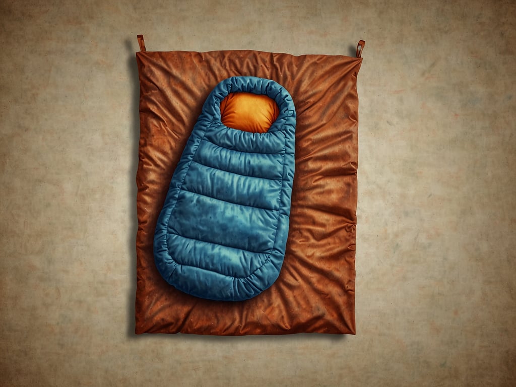 Auf dem Bild ist ein Campingschlafsack zu sehen. Er hat eine blaue Farbe und eine orangefarbene Kopfstütze. Der Schlafsack liegt auf einer braunen Unterlage und zeigt eine gewisse Polsterung.