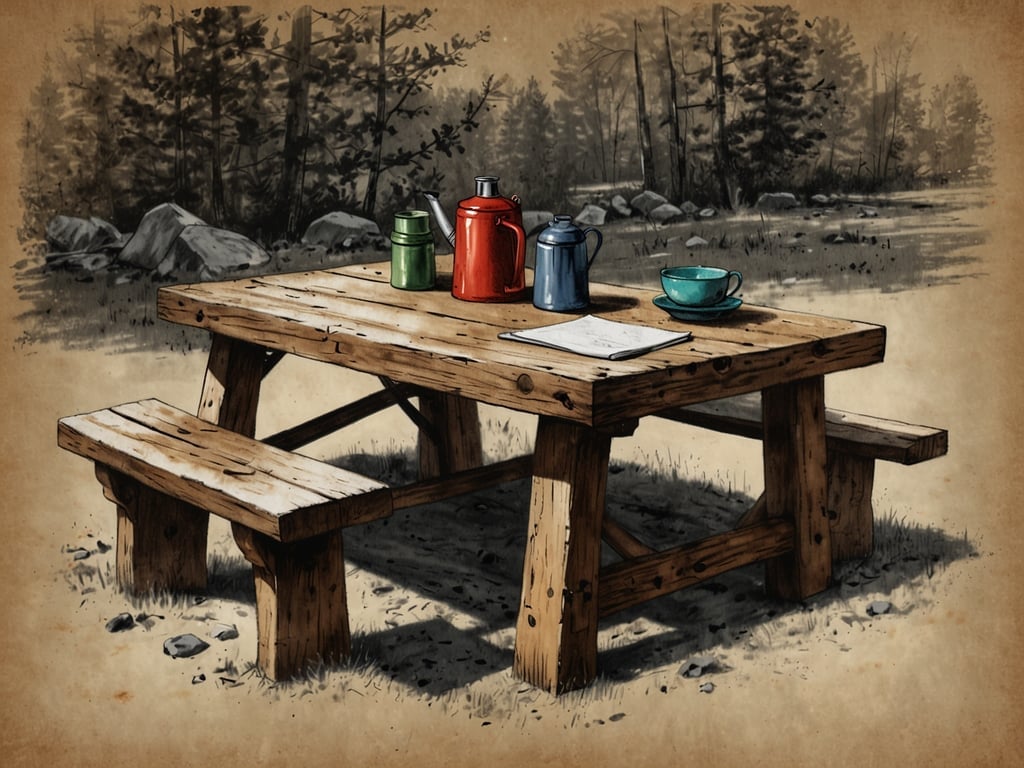 Auf dem Bild ist ein Campingtisch aus Holz zu sehen, umgeben von einer natürlichen Landschaft. Auf dem Tisch stehen verschiedene Kannen in verschiedenen Farben (rot, grün und blau) sowie eine Tasse in einem sanften Blauton und ein Blatt Papier. Die Umgebung wirkt ruhig und ist von Bäumen und Steinen geprägt.