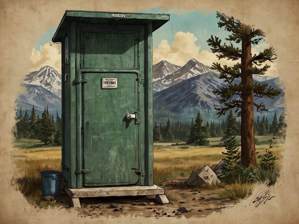 Auf dem Bild ist eine Campingtoilette zu sehen. Sie ist grün und steht in einer natürlichen Umgebung mit Bergen im Hintergrund und Bäumen in der Nähe. Neben der Toilette steht ein blauer Eimer. Die Szenerie wirkt ruhig und ländlich.